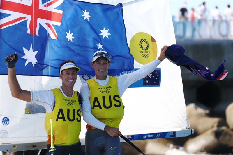 Mathew Belcher and Will Ryan of Team Australia celebrate winning gold in the Men's 470 class on day twelve of the Tokyo 2020 Olympic Games at Enoshima Yacht Harbour on August 04, in Fujisawa, Japan photo copyright Clive Mason / Getty Images taken at  and featuring the 470 class