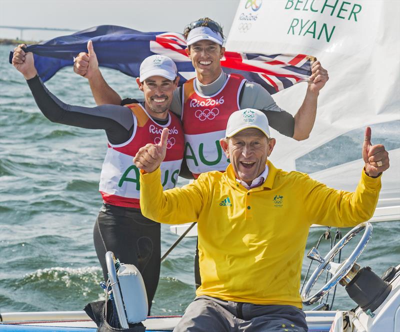 470M AUS Mat Belcher AUSMB11 Will Ryan AUSWR2 With `Medalmaker` coach Victor Kovalenko. 2016 Olympic Games Rio de Janeiro photo copyright Daniel Forster taken at Iate Clube do Rio de Janeiro and featuring the 470 class