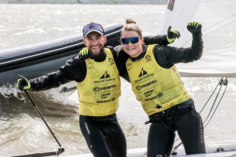 Yves Mermod and Maja Siegenthaler (SUI) take gold in the 470 Mixed photo copyright Sailing Energy / Hempel World Cup Series Allianz Regatta taken at  and featuring the 470 class