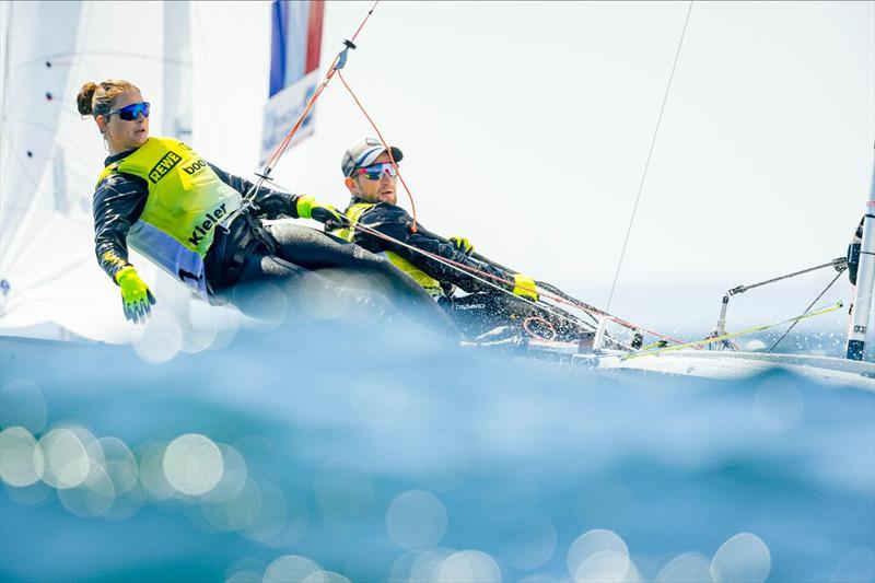 Swiss Yves Mermod and Maja Siegenthaler lost their overall lead  in the 470 class at Kiel Week photo copyright Sascha Klahn / Kieler Woche taken at Kieler Yacht Club and featuring the 470 class