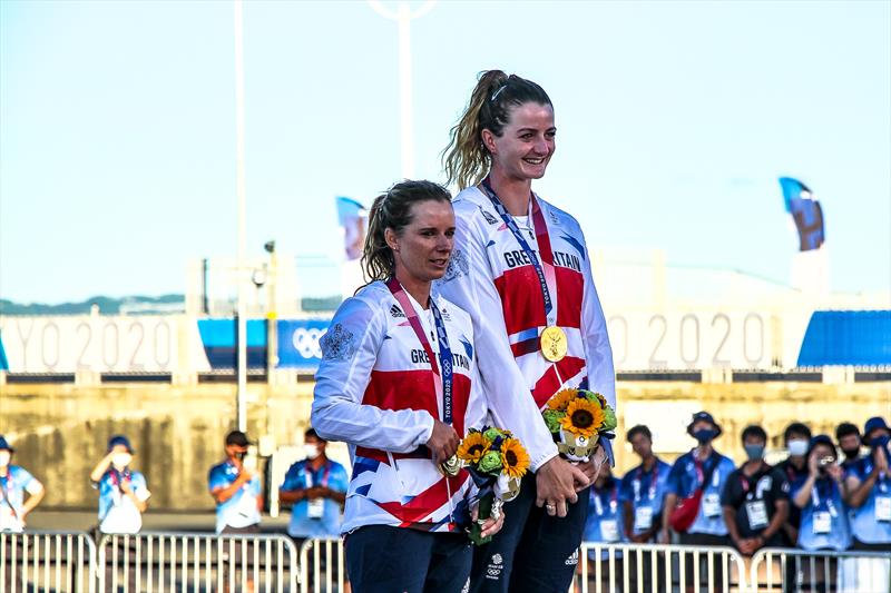 Olympic classes have become increasing physique specific - Hannah Mills and Eilidh McIntyre (GBR) - 470 Womens Medal CeremonyTokyo2020 - Day 10 - August 4, 2021, Enoshima, Japan photo copyright Richard Gladwell - Sail-World.com taken at Queen Mary Sailing Club and featuring the 470 class