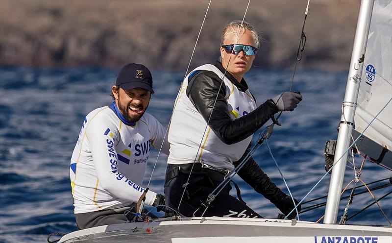 Lanzarote International Regatta Day 1 - Full focus from Anton Dahlberg & Lovisa Karlsson (SWE) in the 470 photo copyright Sailing Energy taken at Lanzarote Sailing Center and featuring the 470 class