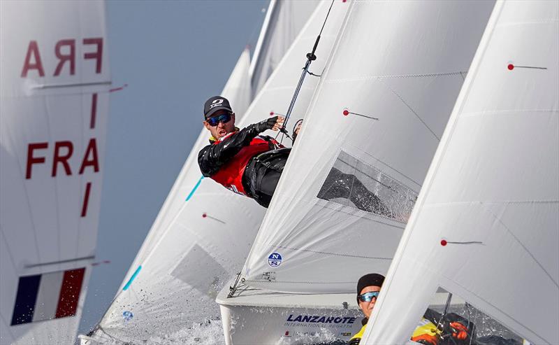 Full aggression from world champion crew Philipp Autenrieth (GER) - Lanzarote International Regatta 2023 photo copyright Sailing Energy/ Lanzarote Sailing Center taken at Lanzarote Sailing Center and featuring the 470 class