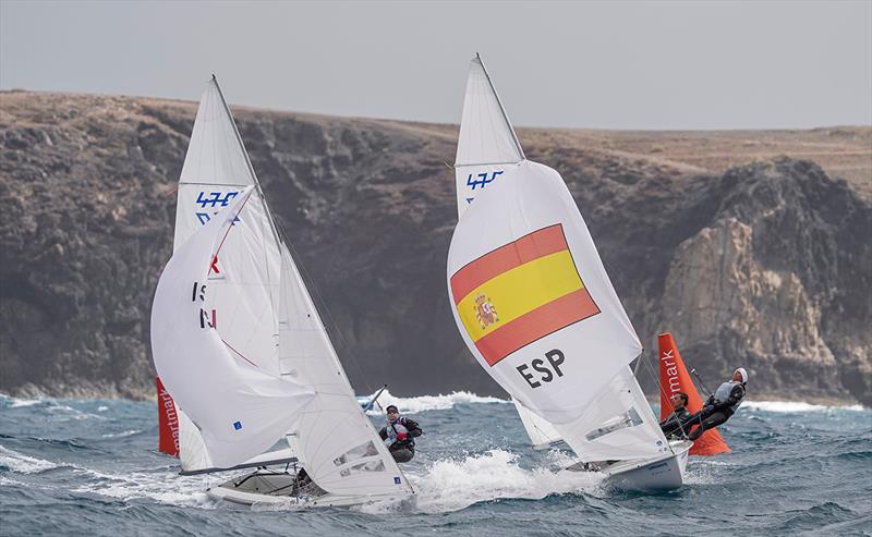 Xammar and Brugman (ESP) overtake Hason and Lasry (ISR) - Lanzarote International Regatta 2023 photo copyright Sailing Energy/ Lanzarote Sailing Center taken at Lanzarote Sailing Center and featuring the 470 class