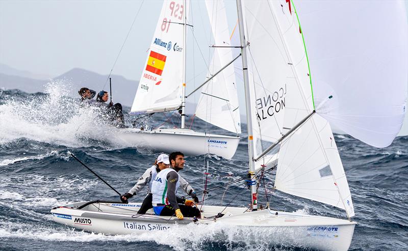 Yee-haa surf action down the big rollers - Lanzarote International Regatta 2023 photo copyright Sailing Energy/ Lanzarote Sailing Center taken at Lanzarote Sailing Center and featuring the 470 class