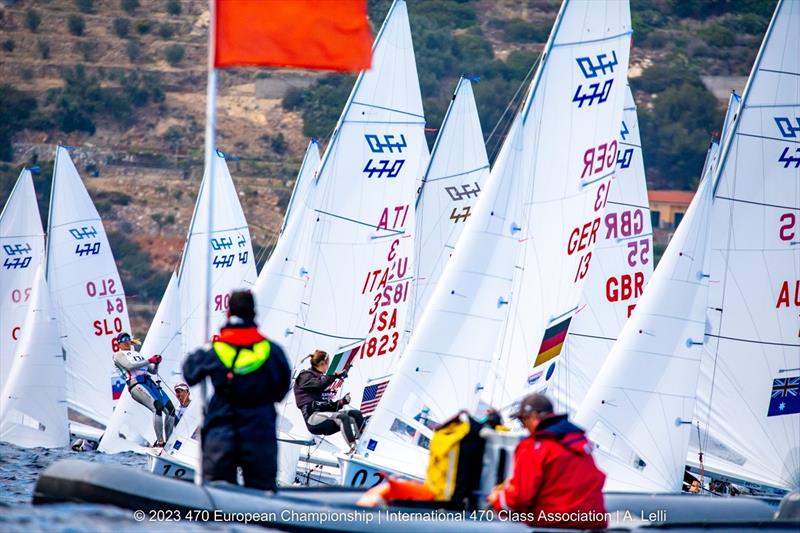 Sophie Jackson and Angus Higgins (far right) line up for a start - 470 European Championship photo copyright A Lelli taken at Yacht Club Sanremo and featuring the 470 class