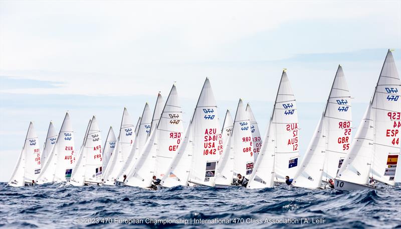 Jerwood and Nicholas (left of screen) and Jackson and Higgins (right) both away well in a start today - 470 European Championship photo copyright A Lelli taken at Yacht Club Sanremo and featuring the 470 class