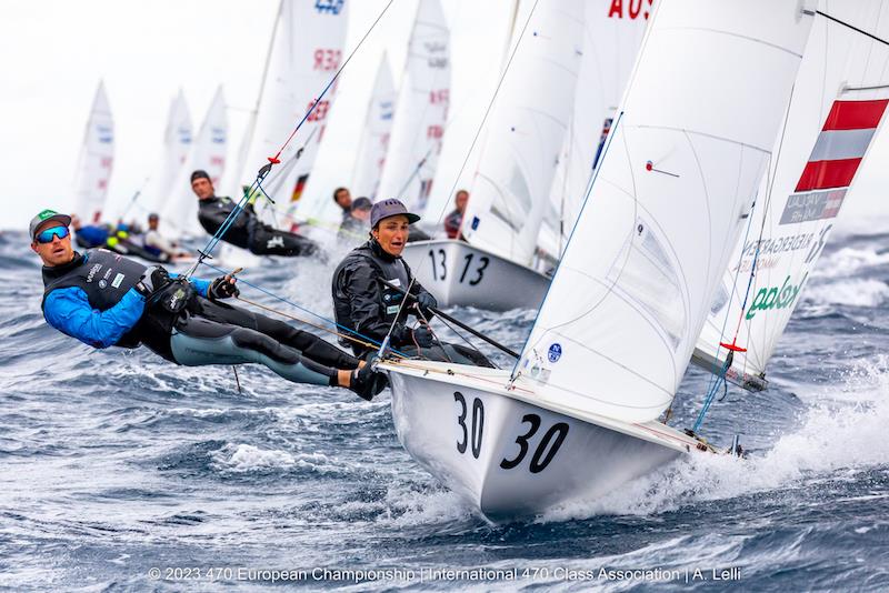 Jerwood and Nicholas (bow 13) holding their own at the top of the fleet in Race 10 on day 5 of the 470 European Championship - photo © A Lelli