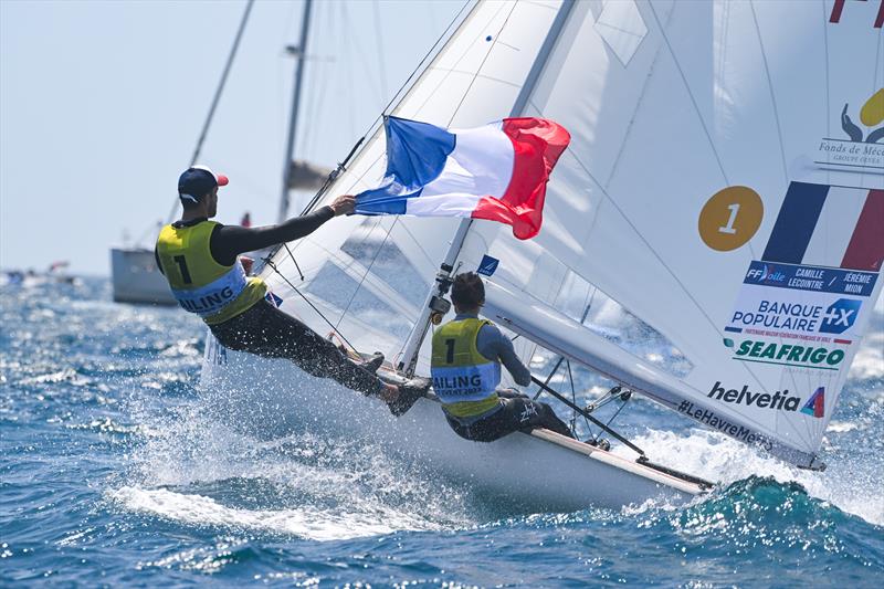 Camille Lecointre and Jérémie Mion (FRA) win 470 gold at the Paris 2024 Olympic Test Event photo copyright World Sailing taken at  and featuring the 470 class