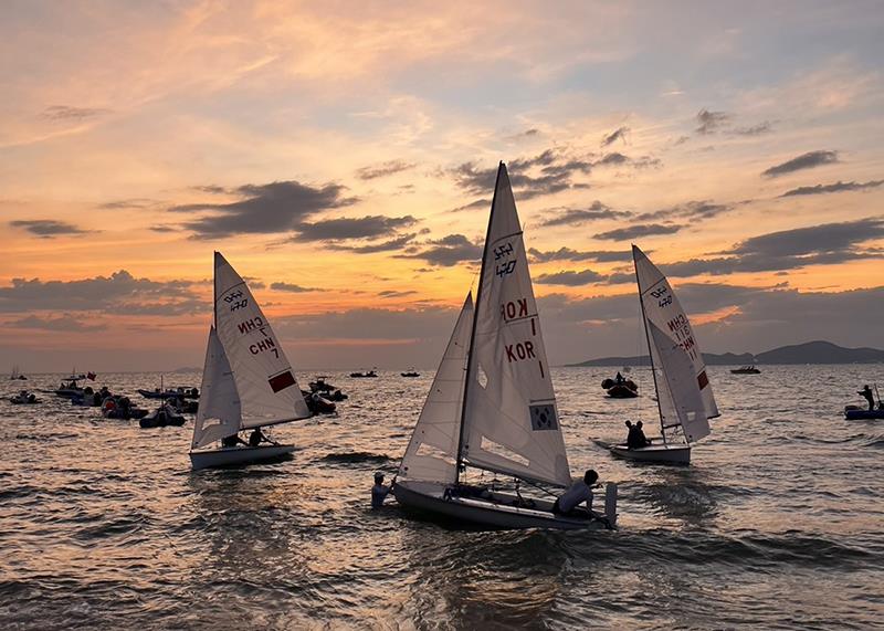 2023  Asian Sailing Championships - 470s returned to shore at sunset photo copyright YRAT taken at Royal Varuna Yacht Club and featuring the 470 class