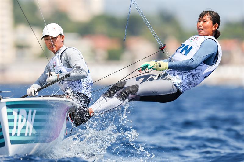 Keiju Okada & Miho Yoshioka (JPN) Mixed Dinghy racing in Marseille at the Paris 2024 Olympic Regatta photo copyright World Sailing / Sander van der Borch taken at  and featuring the 470 class