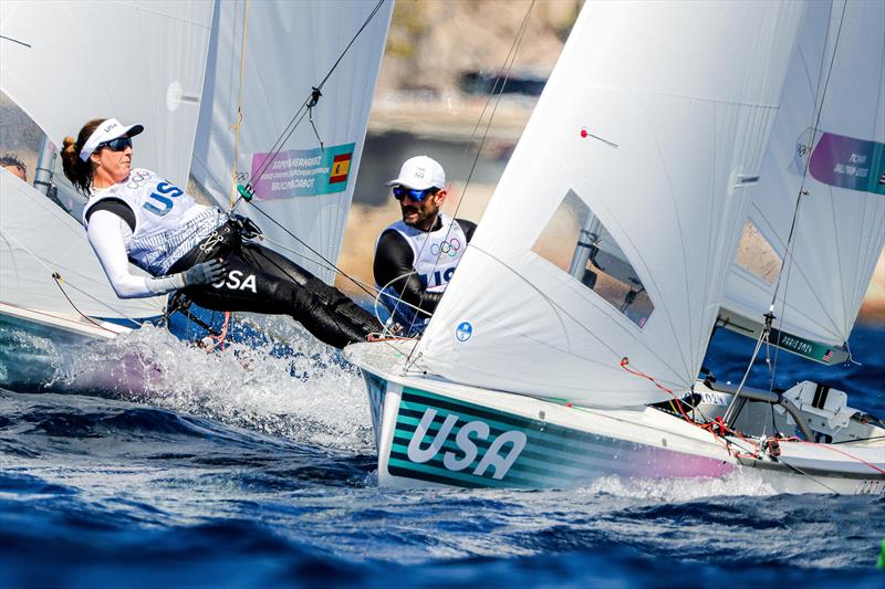 Lara Dallman-Weiss (Shoreview, MN) and Stu McNay (Providence, RI)  approach the windward mark on day two of the Mixed Dinghy sailing event at the Paris 2024 Olympics photo copyright Sailing Energy / US Sailing Team taken at  and featuring the 470 class