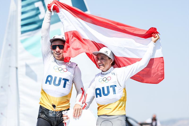 Gold for Lara Vadlau and Lukas Maehr (AUT) in the Mixed Dinghy at Paris2024 on August 8, 2024 in Marseille, France photo copyright World Sailing / Lloyd Images taken at  and featuring the 470 class