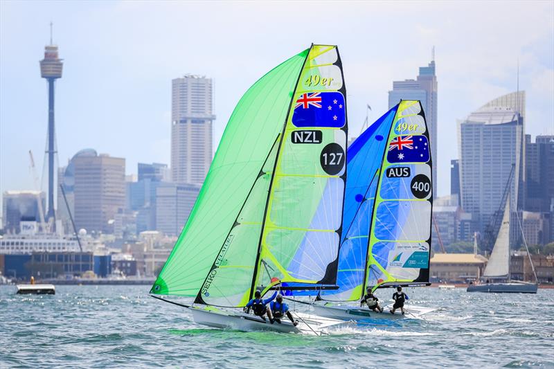 Winning 49er crew Joel Turner and Lewis Brake and a Kiwi team on day 3 at Sail Sydney 2014 photo copyright Craig Greenhill / Saltwater Images taken at Woollahra Sailing Club and featuring the 49er class