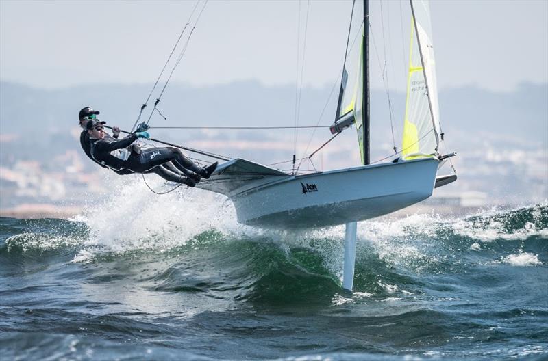 Big waves on day 4 of the 49er Worlds in Portugal photo copyright Ricardo Pinto taken at Clube de Vela Atlântico and featuring the 49er class