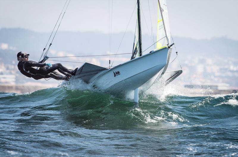 Big waves on day 4 of the 49er Worlds in Portugal photo copyright Ricardo Pinto taken at Clube de Vela Atlântico and featuring the 49er class