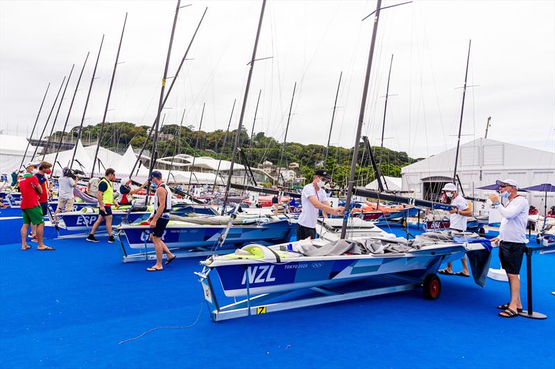 Waiting in the boat park ahead of the 49er Medal Races at the Tokyo 2020 Olympic Sailing Competition photo copyright Sailing Energy / World Sailing taken at  and featuring the 49er class