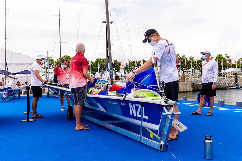 Waiting in the boat park ahead of the 49er Medal Races at the Tokyo 2020 Olympic Sailing Competition - photo © Sailing Energy / World Sailing