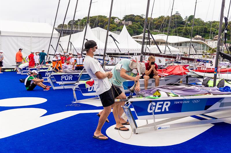 Waiting in the boat park ahead of the 49er Medal Races at the Tokyo 2020 Olympic Sailing Competition photo copyright Sailing Energy / World Sailing taken at  and featuring the 49er class