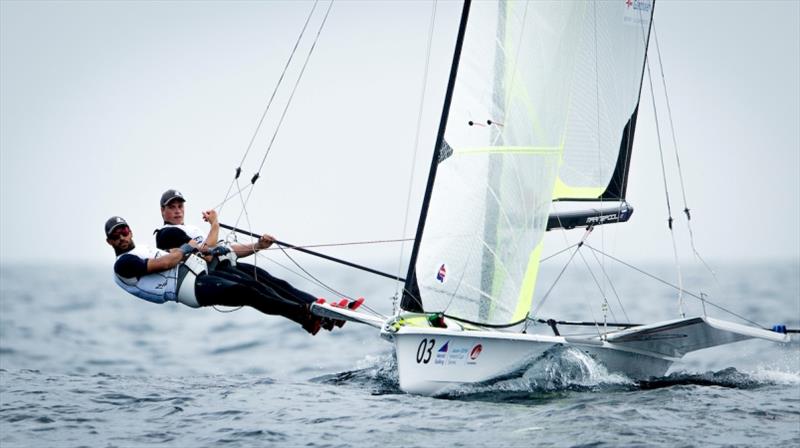 Benjamin Bildstein and David Hussl (AUT) in the 49er on Day 3 at World Cup Series Enoshima - photo © Pedro Martinez / Sailing Energy / World Sailing