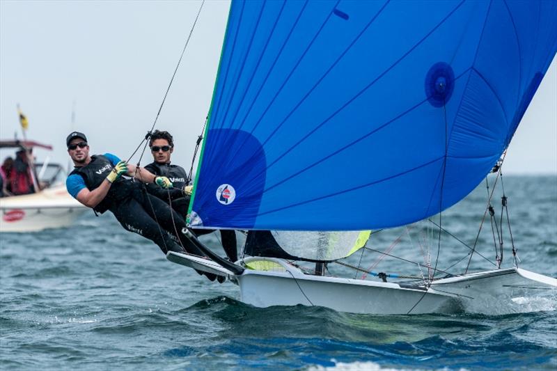 49er fleet - Jim Colley and Shaun Connor (NSW) - 2018 Sail Melbourne International, Day 2 - photo © Beau Outteridge