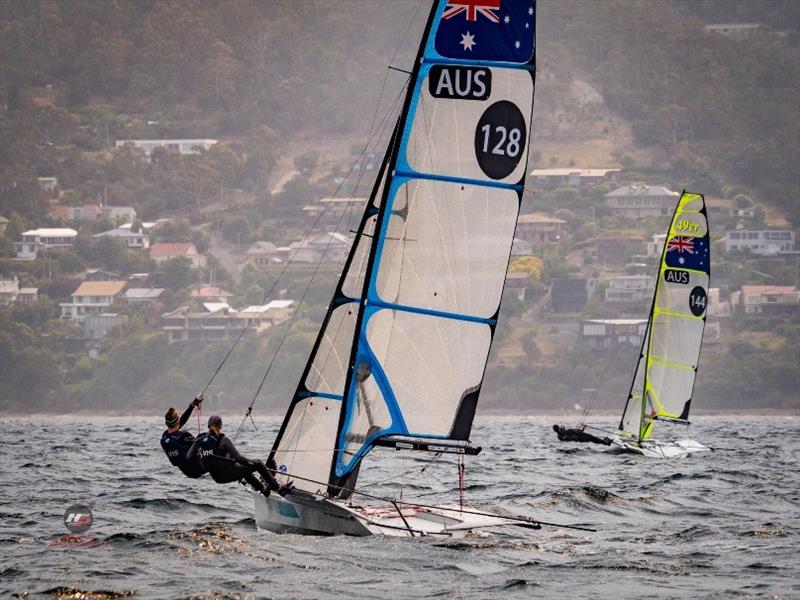 Laura Harding and Laura Thompson (49erFX 128) and James Grogan and Charlie Dickson (49er) sailing for RBYC at the Zhik Australian 9er Champs - photo © Ollie Hartas