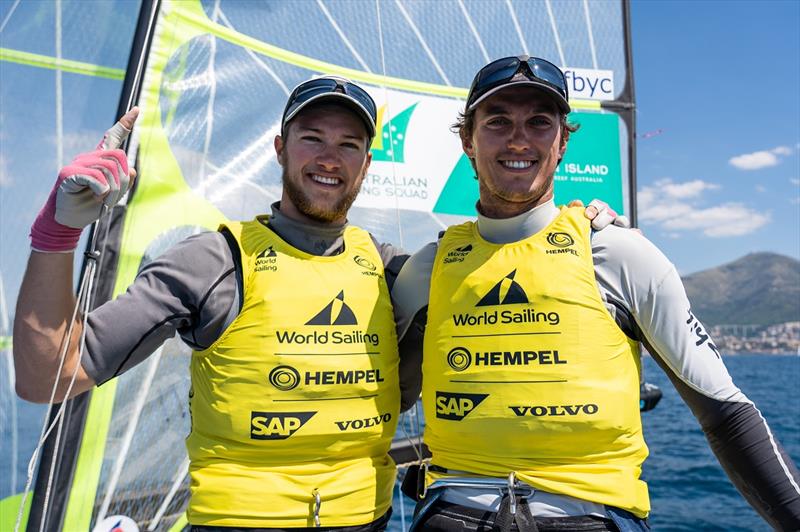 Lachy and David Gilmour after winning Gold - Genoa World Cup Series 2019 photo copyright Beau Outteridge taken at  and featuring the 49er class