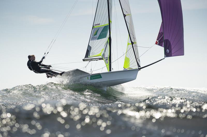 Australians Hansen and Hoffman launch off a wave - 2019 Nacra 17, 49er and 49er FX European Championship photo copyright Lloyd Images taken at Weymouth & Portland Sailing Academy and featuring the 49er class