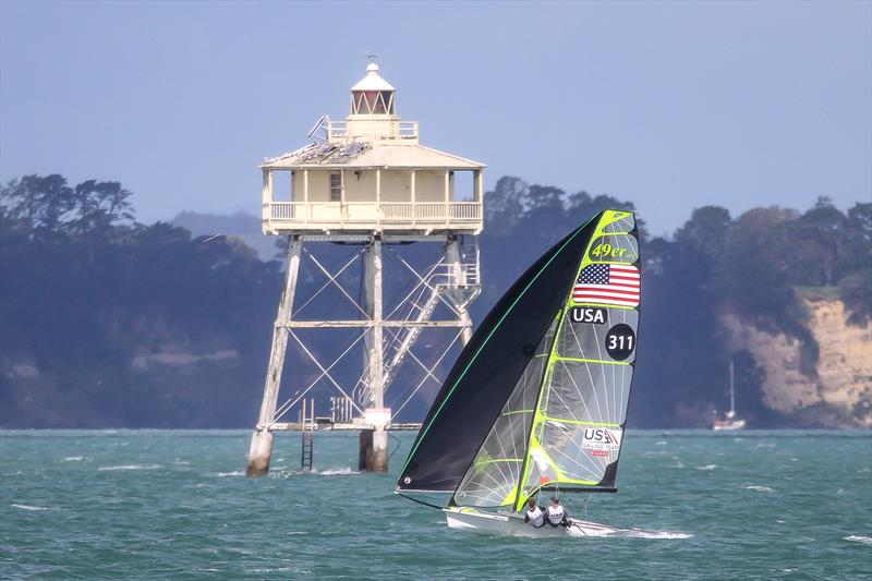 USA 49er training on the Waitemata Harbour ahead of the 2019 World Championships sails past Bean Rock, the iconic marker at the entrance to the inner Waitemata Harbour. The 49er, 49erFX and Nacra 17 World Championships get underway in four weeks photo copyright Richard Gladwell taken at Takapuna Boating Club and featuring the 49er class