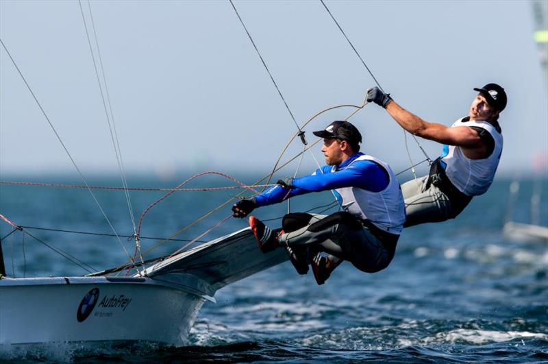 Benjamin Bildstein & David Hussl (AUT) lead the 49er pointscore - 2020 49er, 49er FX & Nacra 17 World Championship, day 4 photo copyright Pedro Martinez / Sailing Energy taken at Royal Geelong Yacht Club and featuring the 49er class