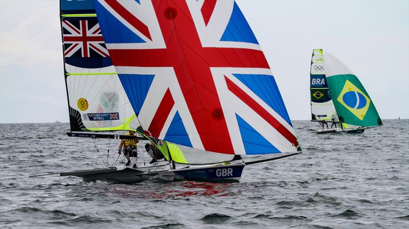 Tokyo2020 - Day 6- July, 30, - Bithell and Fletcher (GBR)  struggle for power in the light - 49er - Enoshima, Japan photo copyright Richard Gladwell  taken at  and featuring the 49er class