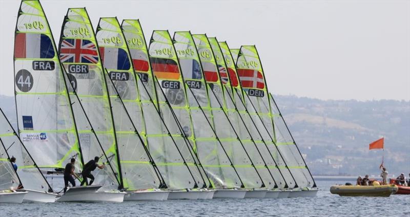 How's this for a tight start line... photo copyright Nikos Pantis taken at  and featuring the 49er class