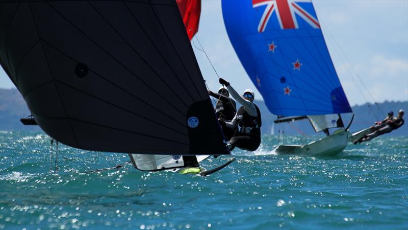 49er -  Day 2 - Oceanbridge NZL Sailing Regatta - Takapuna BC February 18, 2022 photo copyright Richard Gladwell / Sail-World.com/nz taken at Takapuna Boating Club and featuring the 49er class