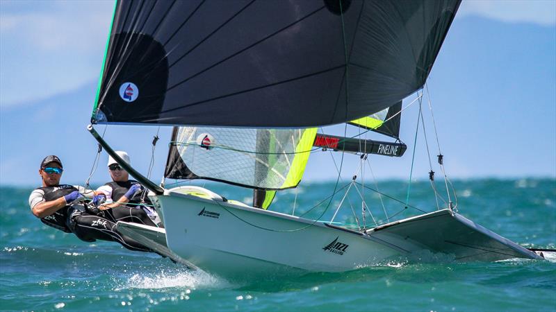 Isaac McHardie and William Mckenzie competing in the 49er class on Day 2 - Oceanbridge NZL Sailing Regatta - Takapuna BC February 18, 2022 photo copyright Richard Gladwell / Sail-World.com / nz taken at Takapuna Boating Club and featuring the 49er class