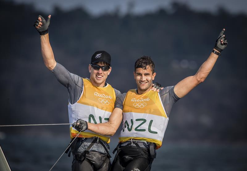 Peter Burling (L) and Blair Tuke (R)  celebrate winning Gold Medal in the Men's 49er Sailing, Rio2016 Olympic Games at Guanabara Bay, Rio de Janeiro - photo © Sailing Energy