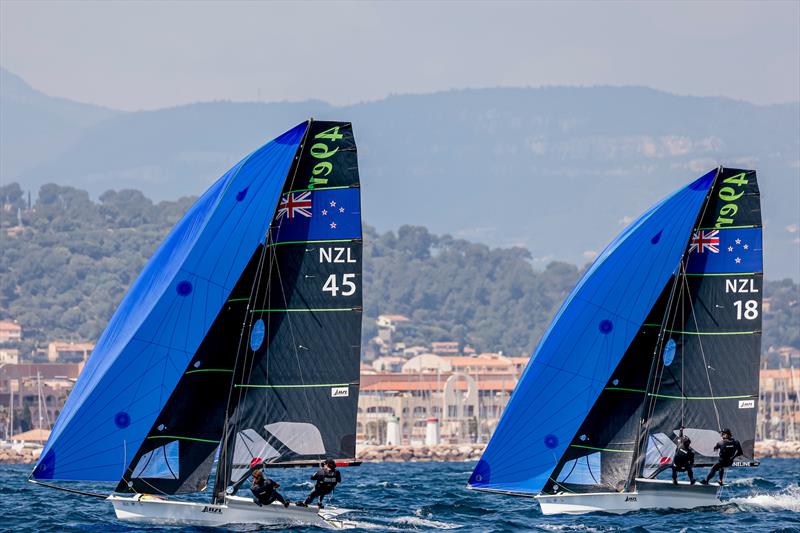 Logan Dunning Beck & Oscar Gunn (NZL45) / Isaac McHardie & William McKenzie (NZL 18)- NZL Sailing Team - Semaine Olympique Française de Hyères - April 2022 - photo © Sailing Energy/FFVoile