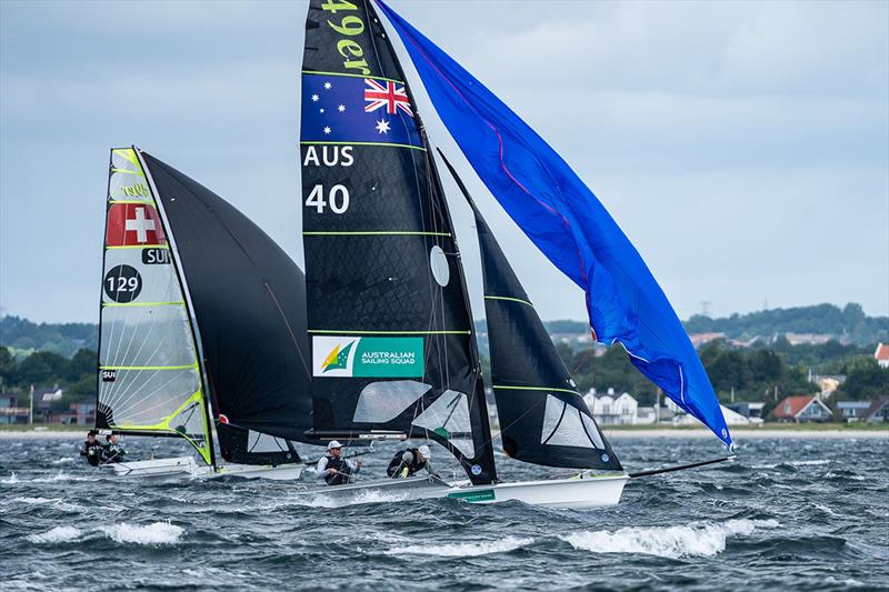 Tom Needham and Joel Turner overpowering a Swiss crew - 49er, 49erFX and Nacra 17 European Championships - photo © Beau Outteridge