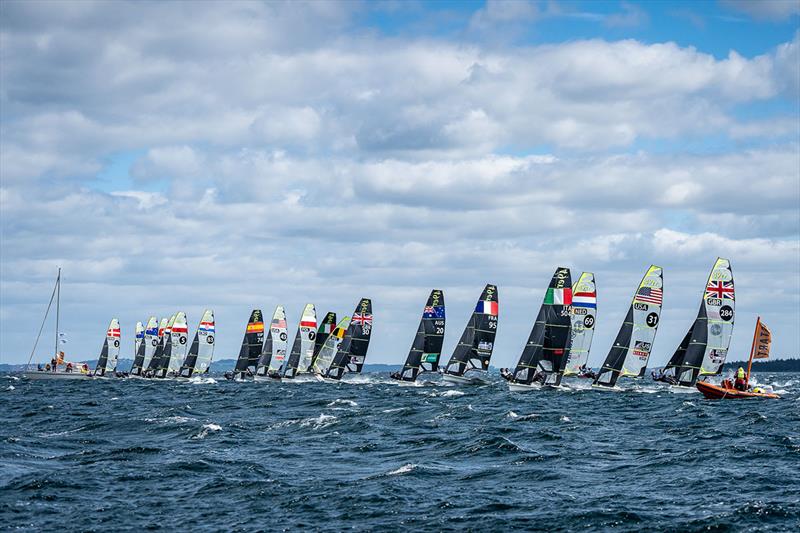 Start of the first 49er race of the day - 49er, 49erFX and Nacra 17 European Championships - photo © Beau Outteridge
