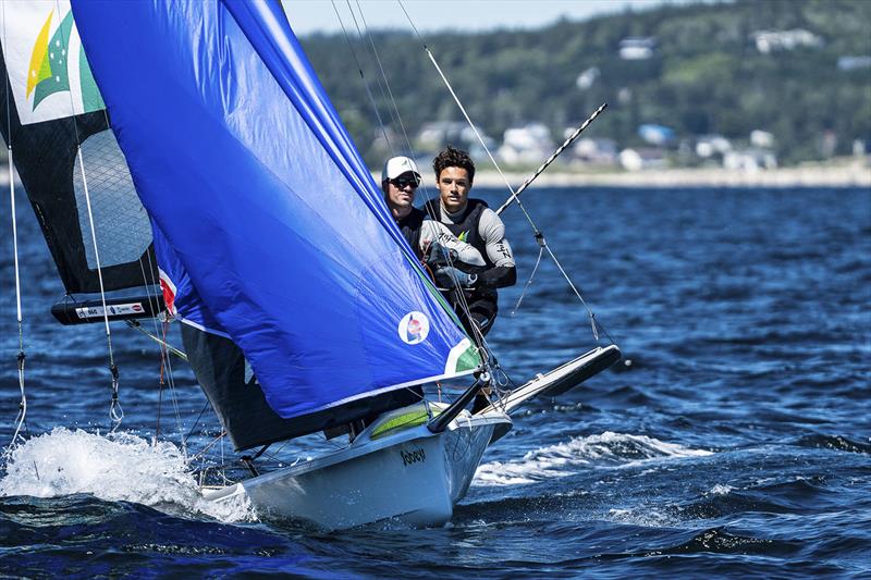 Jim Colley and Shaun Connor (49er) competing at 49er, 49erFX & Nacra 17 World Championships in Hubbards, NS, Canada photo copyright Beau Outteridge taken at Hubbards Sailing Club and featuring the 49er class