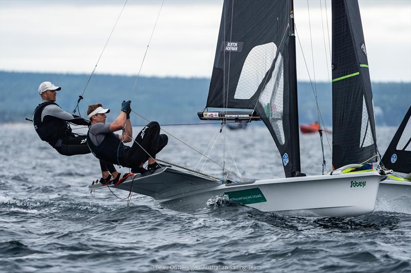 Tom Burton and Simon Hoffman (Nacra 17) competing at 49er, 49erFX & Nacra 17 World Championships in Hubbards, NS, Canada photo copyright Beau Outteridge taken at Hubbards Sailing Club and featuring the 49er class