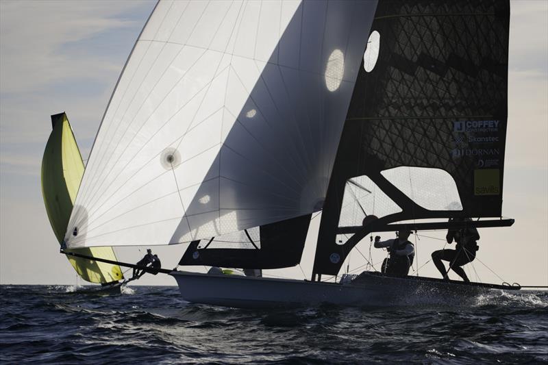 Sean Waddilove and Robert Dickson (IRL) competing in the Gold fleet final round at the 49er European Championships - photo © David Branigan / Oceansport