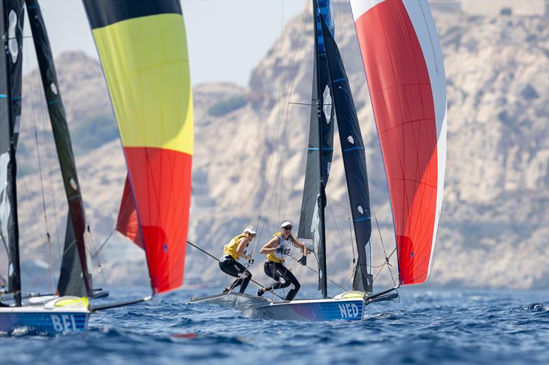 Odile van Aanholt and Annette Duetz (NED) 49er FX racing on July 29 in Marseille at the Paris 2024 Olympic Regatta - photo © World Sailing / Sander van der Borch