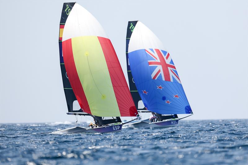 Diego Botin le Chever & Florian Trittel Paul (ESP) ahead of Isaac McHardie & William McKenzie (NZL) - Medal race - Men's Skiff - Paris Olympic Sailing in Marseille, France August 2, 2024 - photo © World Sailing / Sander van der Borch