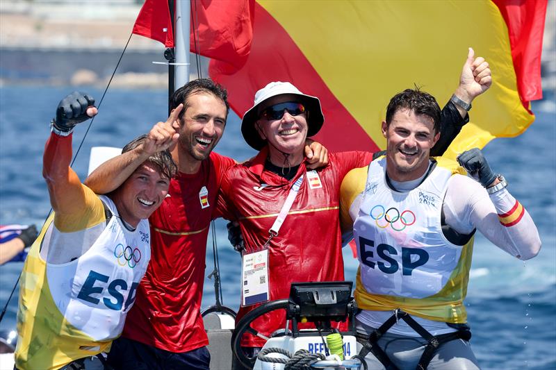 Diego Botin le Chever & Florian Trittel Paul (ESP) celebrate winning gold in the Men's Skiff - Paris Olympic Sailing in Marseille, France August 2, 2024 photo copyright World Sailing / Lloyd Images taken at  and featuring the 49er class