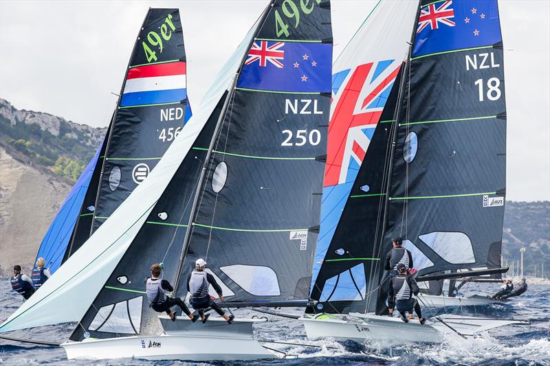 Isaac McHardie, William McKenzie (NZL18), George Lee Rush Seb Menzies (NZL 250)  - 49er World Championships - Sardinia - October 2025 photo copyright Sailing Energy taken at Circolo della Vela Sicilia and featuring the 49er class