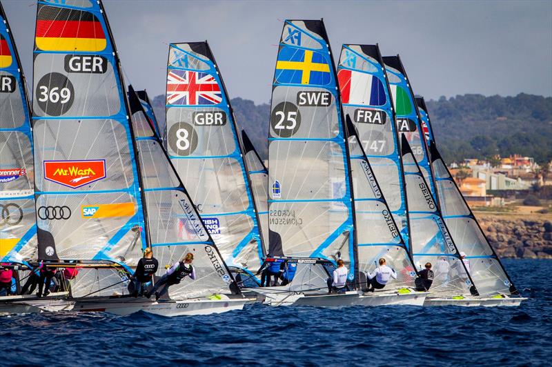49er FX fleet on day 1 of ISAF Sailing World Cup Mallorca photo copyright Jesus Renedo / Sofia taken at  and featuring the 49er FX class