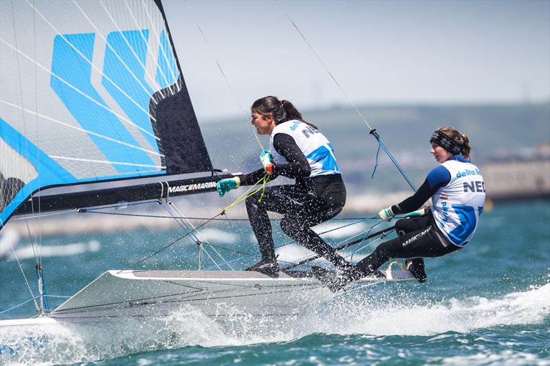 Annemiek Bekkering & Annette Duetz during the Sail for Gold Regatta medal races photo copyright Paul Wyeth / RYA taken at Weymouth & Portland Sailing Academy and featuring the 49er FX class
