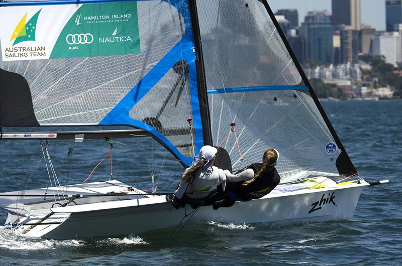 Olivia Price and Eliza Solly on day 3 at Sail Sydney 2014 photo copyright David Price taken at Woollahra Sailing Club and featuring the 49er FX class