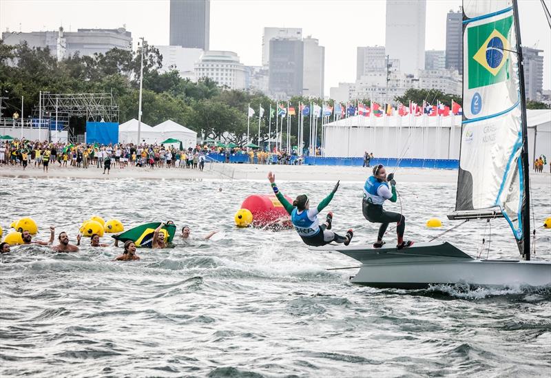 Martine Grael & Kahena Kunze (BRA) celebrate gold in the Women's 49erFX class at the Rio 2016 Olympic Sailing Competition photo copyright Sailing Energy / World Sailing taken at  and featuring the 49er FX class