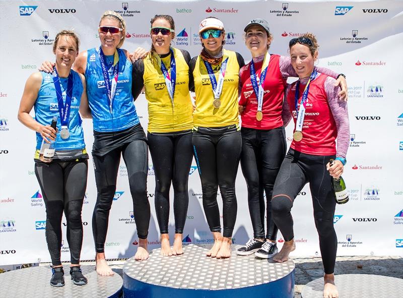 49er FX Podium on day 5 of the World Cup Series Final in Santander photo copyright Tomas Moya / Sailing Energy / World Sailing taken at  and featuring the 49er FX class